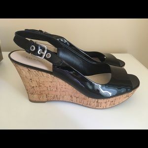 Franco Sarto Black Patent Leather Cork Wedges